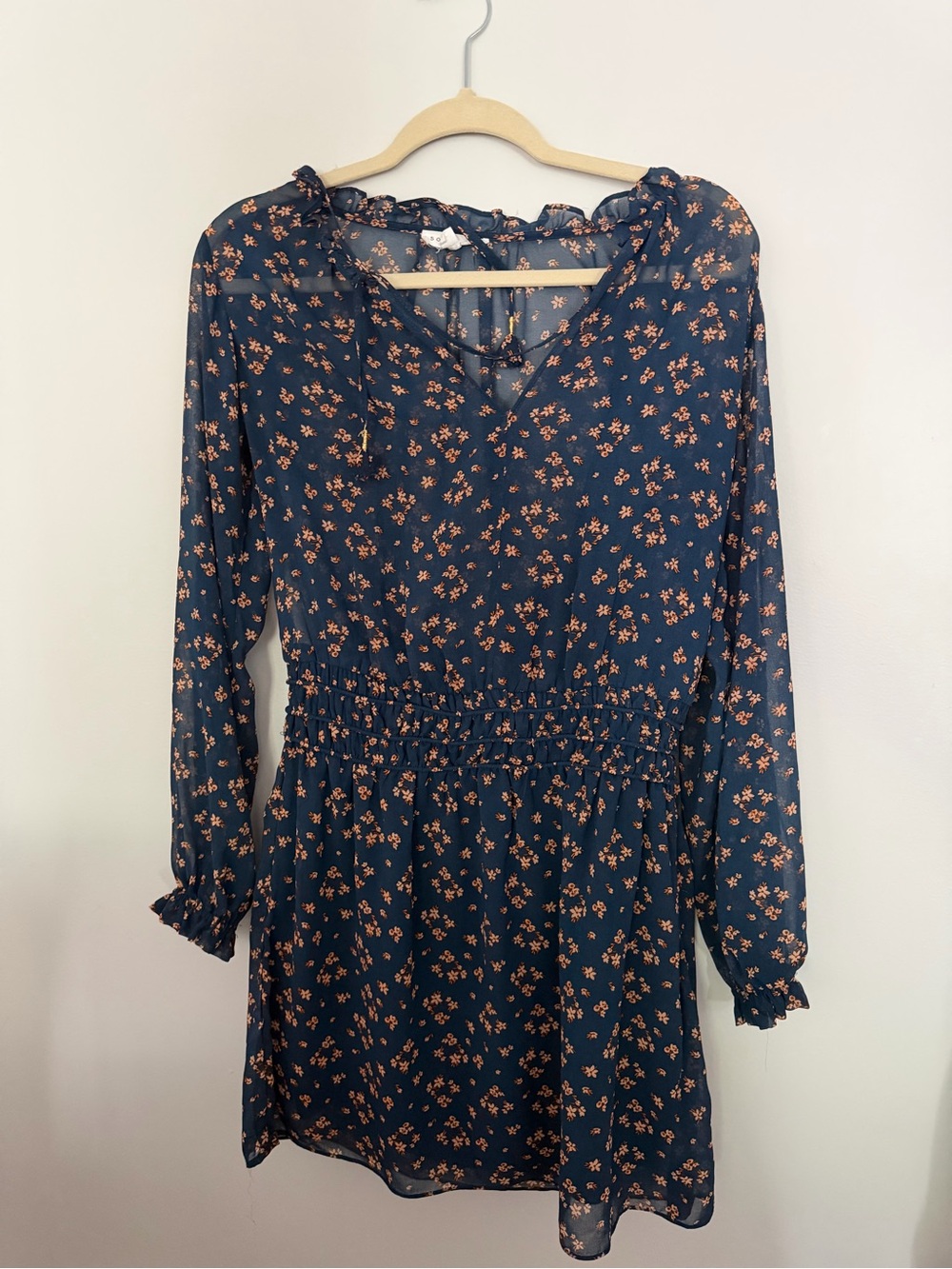 Socialite Navy Floral Long-Sleeve Smocked-Waist Dress